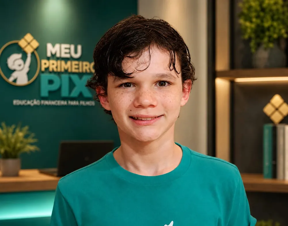 Adolescente sorrindo no estúdio do Meu Primeiro PIX